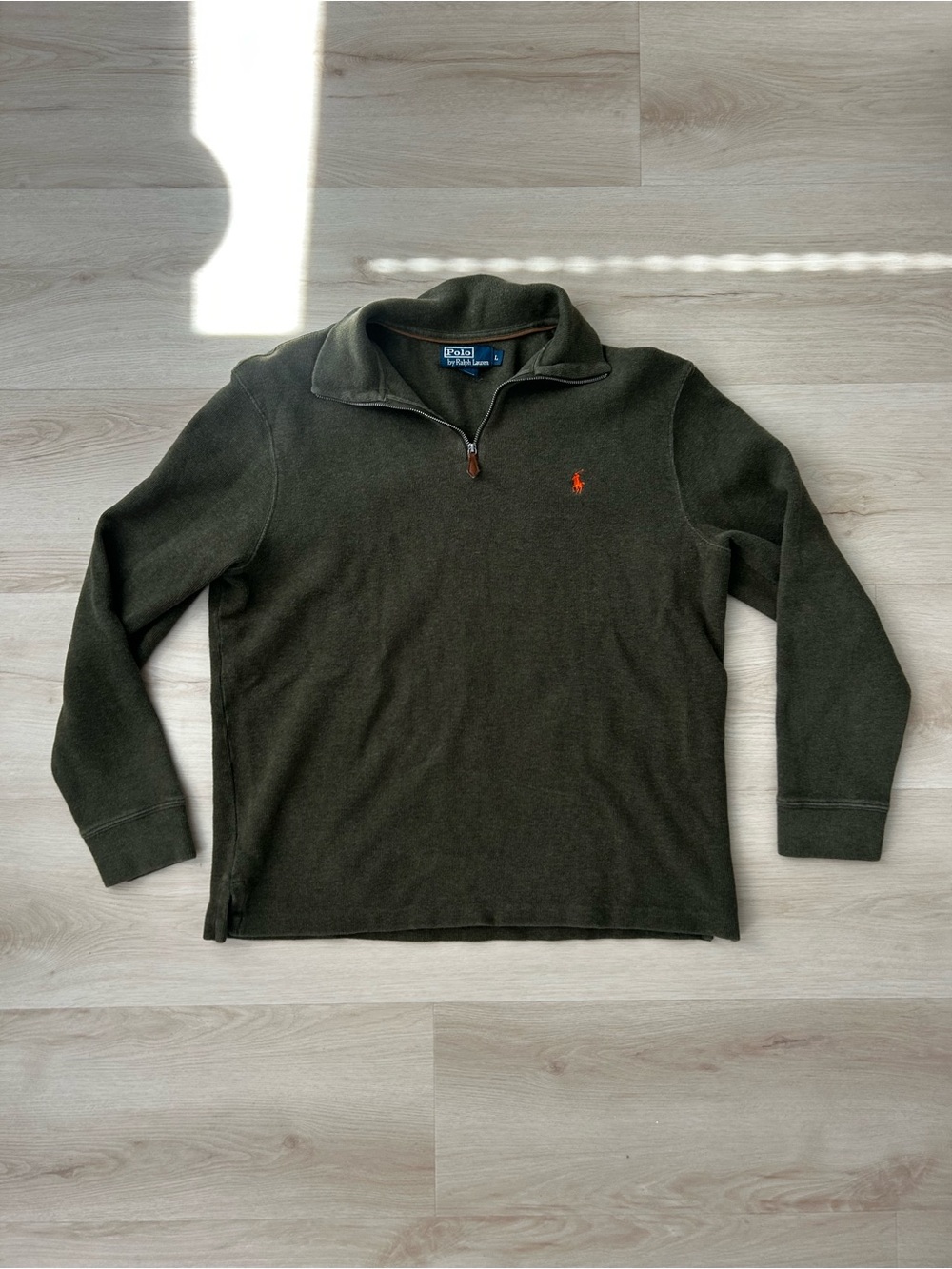 Ralph Lauren Men's Olive Green Quarter-Zip Sweater with Orange Pony